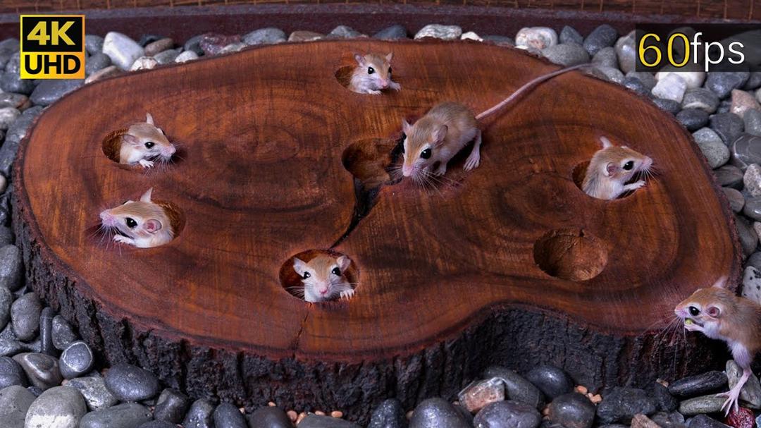 Cat TV: Tiny Mouse Popping Up and Hide & Seek Fun through Wood Stem Holes for cats to watch 4k