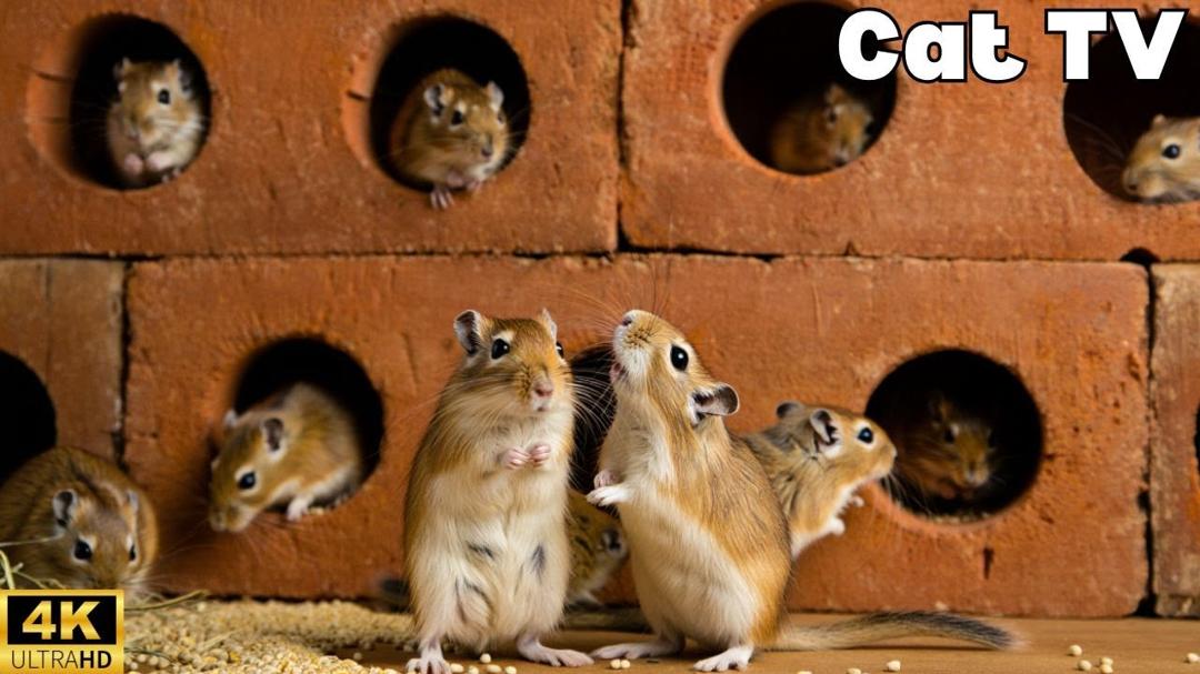 Interactive Cat TV 🐭 Tiny Mice Hide & Seek in Brick Maze | 8H in 4K UHD