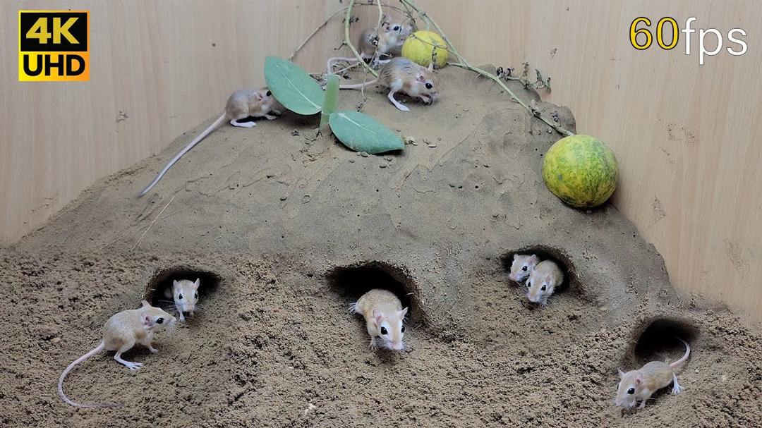 Cat TV for cats to watch mouse digging burrows in sand and squeaking 8 Hour 4k UHD