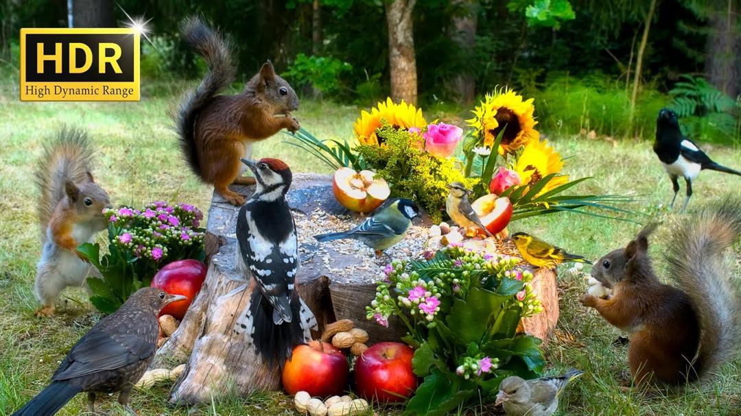 Cat TV for Cats to Watch 😺 Little Birds & Red Squirrels and the Flower Party