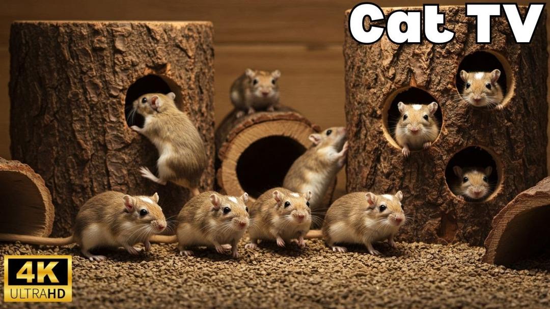 Interactive Cat TV | Tiny Mice Playing Hide & Seek, Wood Hole Chase & Fun – 8H in 4K UHD 60FPS