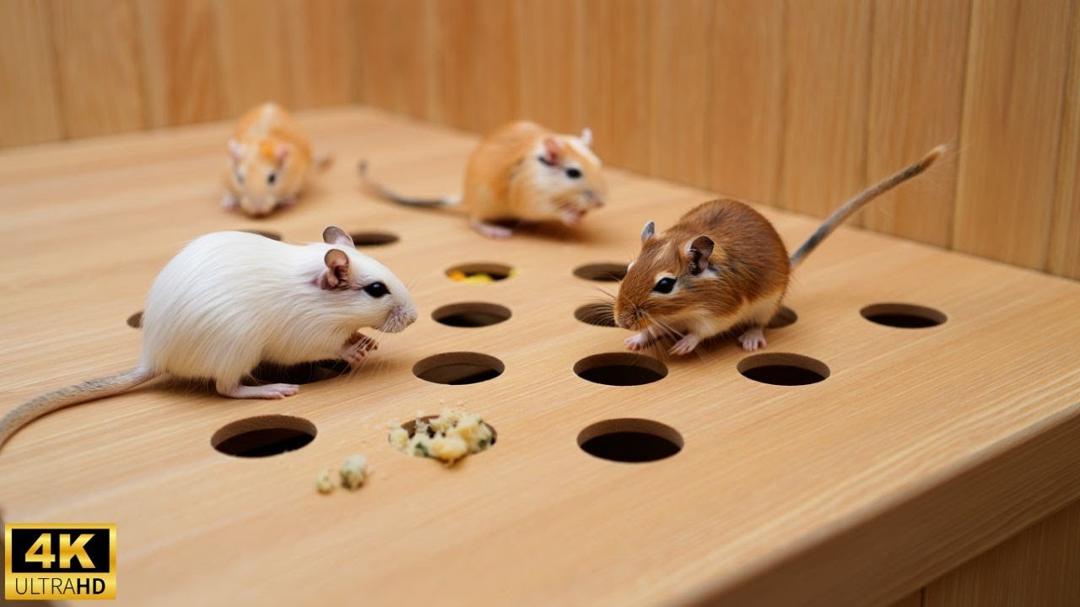 Cat TV: Tiny Mice Playing Hide & Seek in Wood Hole Maze | 8 Hours 4K UHD